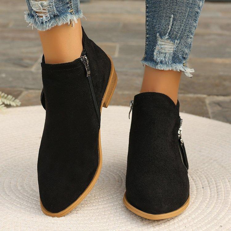 New Women's Wide Width Platform Martin Boots Solid Color Pointed Toe Side Zipper Ankle Boots Chunky Sole