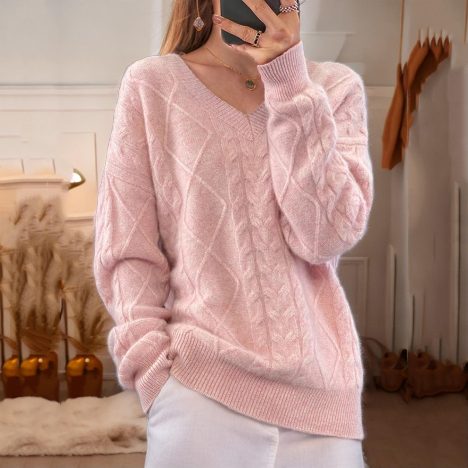 

Жіночий модний суцільний в язаний светр з V-подібним вирізом, верхній пуловер, повсякденний светр M рожевий