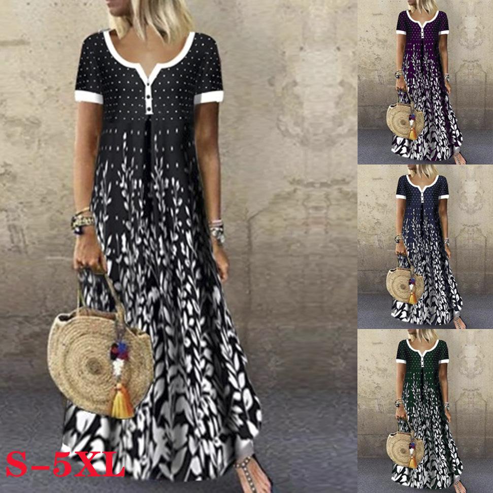 European and American spring and summer new cotton positioning printing small V-neck short-sleeved dress long dress