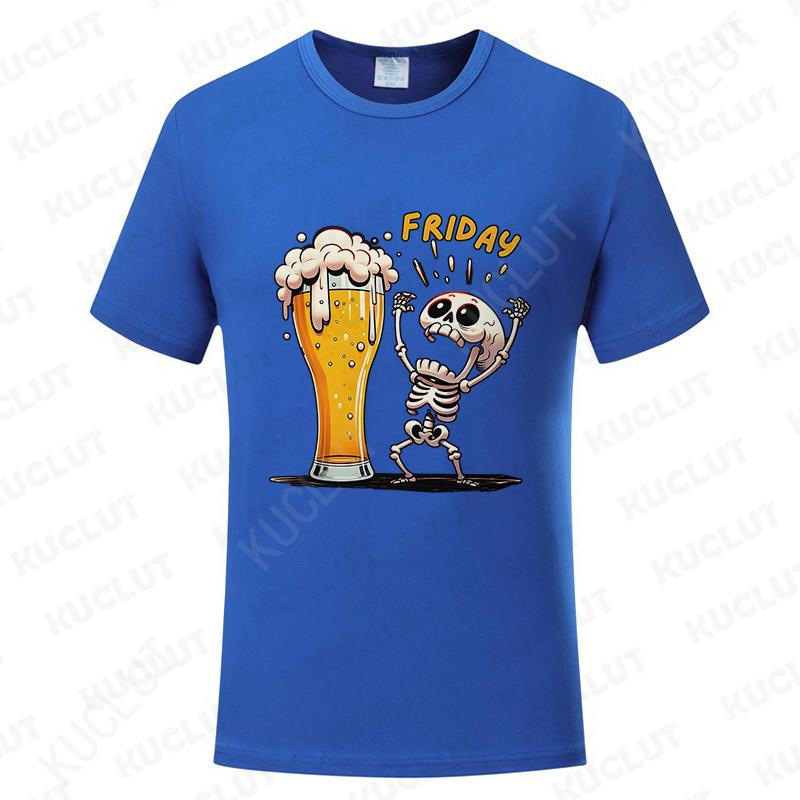 Fashion Men's T Shirt Skeleton Enjoying FRIDAY Beer Day Tees Funny Finally Friday for Drink Lover Male Clothes Short Sleeve Tops
