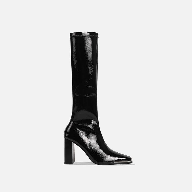 Tall Boots Women Autumn New Metal Square Toe Patent Leather Side Zip No Knee High Heel Mid-Tube Knight Boots
