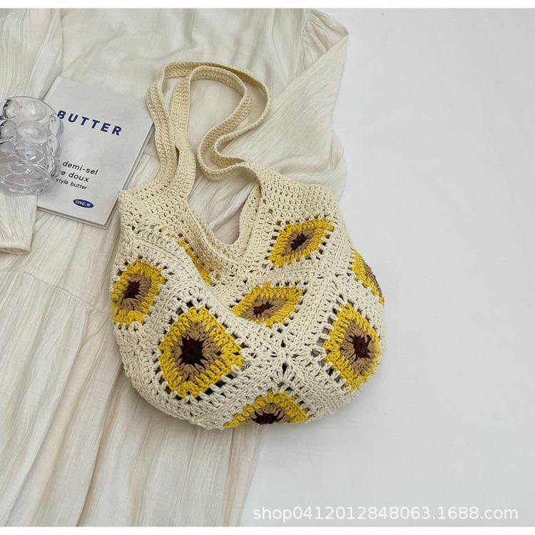 

2025 new summer beach bag large capacity foreign gas cotton thread woven bag sunflower knitted tote bag