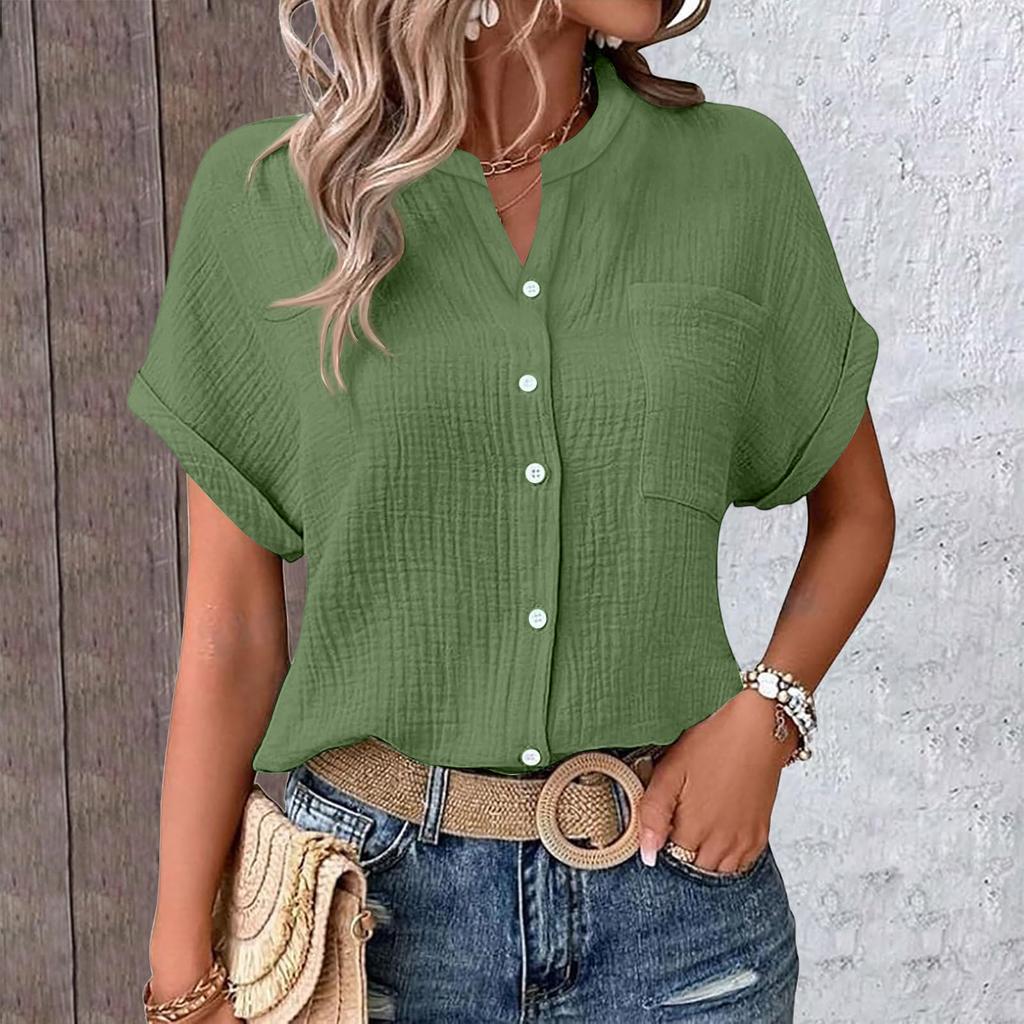 Women's Color Shirt Casual Short Sleeved Button Up Shirt For Women