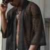 Men Club Shirt Hollow Out Mesh Cardigan Three Quarter Sleeve Thin Clubwear See-through