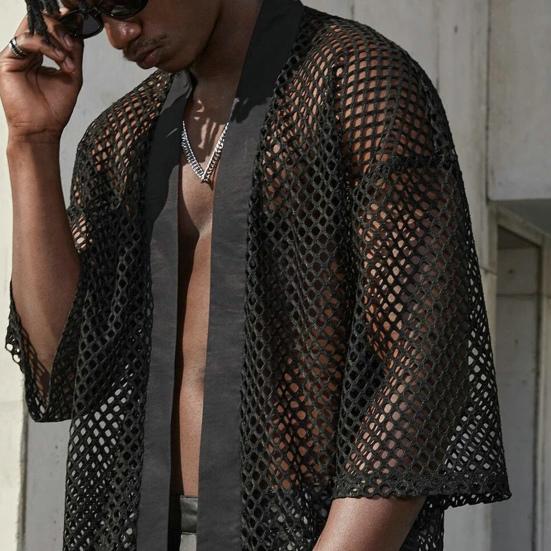 Men Club Shirt Hollow Out Mesh Cardigan Three Quarter Sleeve Thin Clubwear See-through