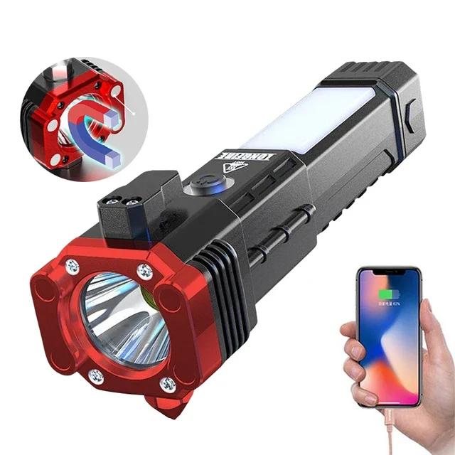 16-in-1 Broken Window LED Flashlight USB Rechargeable Zoom Flashlight Emergency COB Distress Signal Beeping Sound Security Torch