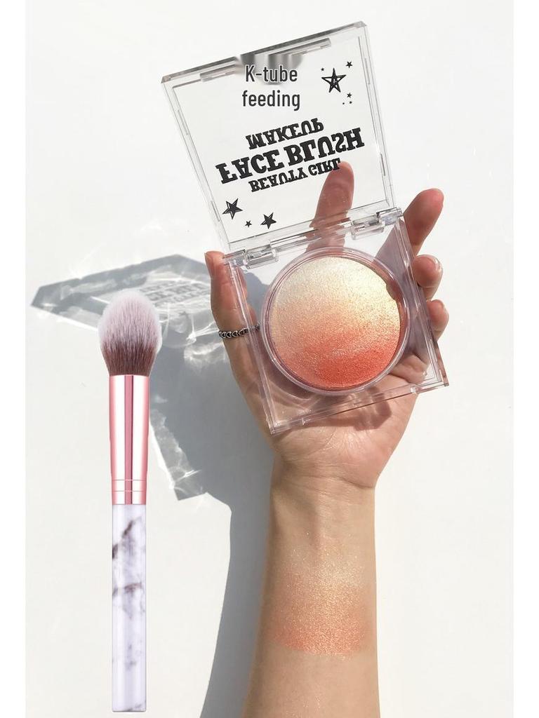 KQTQK Kuku Han Society All-in-One Blush & Highlight Palette: Baked Egg Nude Gradient for Natural Makeup & Dual-Use Eyeshadow.