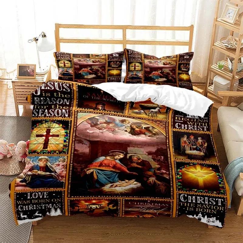 3D Jezus Maagd Maria Comfortabel Dekbed Dekbedovertrek Kussensloop Beddengoed Set Kinderkamer Decoratie Huis Textiel