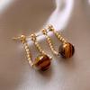 Maillard Round Tiger Eye Stone Pendant Gold Beaded Chain Hanging Earrings New Jewelry Fashion Accessories for Womens