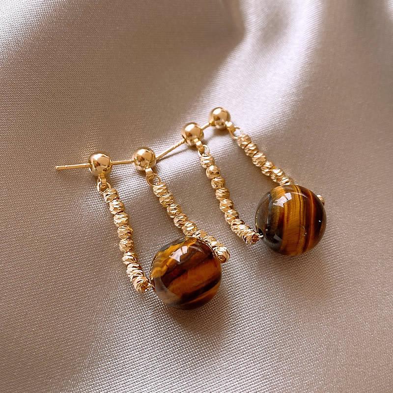 Maillard Round Tiger Eye Stone Pendant Gold Beaded Chain Hanging Earrings New Jewelry Fashion Accessories for Womens