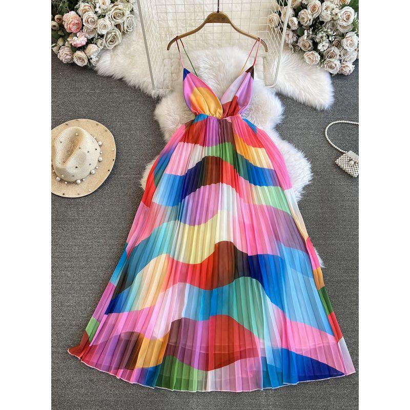 

Color Print Open Back Retro Big Swing Mop Suspender Skirt Color M