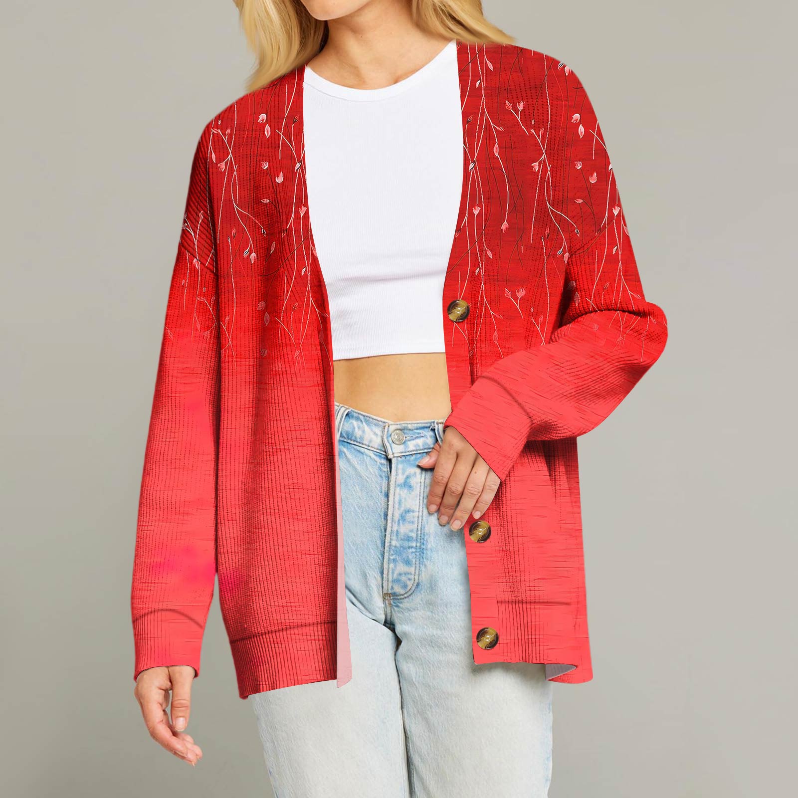 

Женский модный кардиган с длинным рукавом, принтом, V-образным вырезом, на пуговицах, свободного кроя M красный