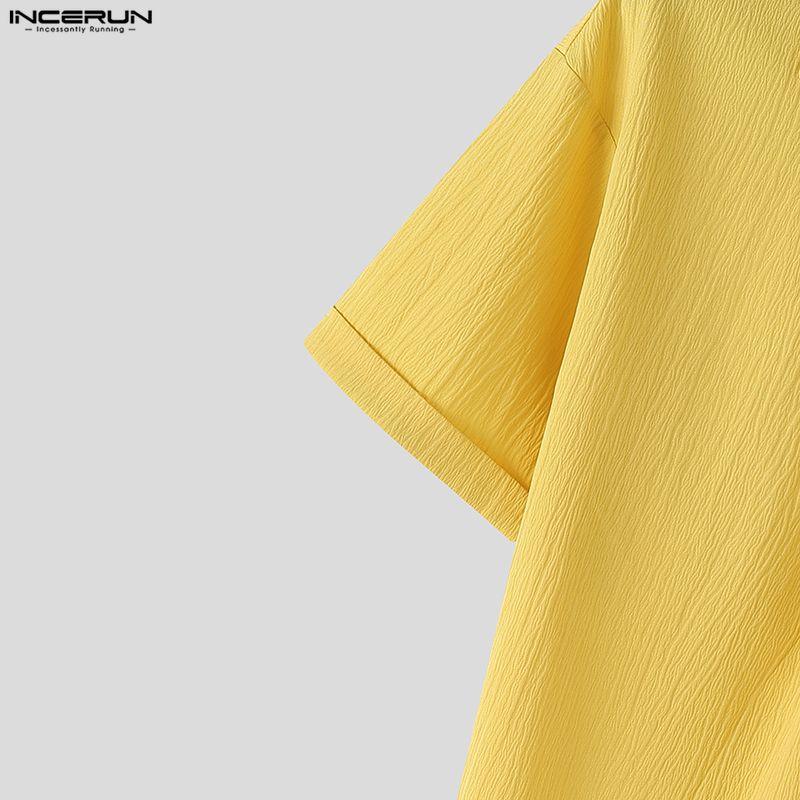 INCERUN Summer Tops Men V Neck Short Sleeve Casual Texture T-shirts