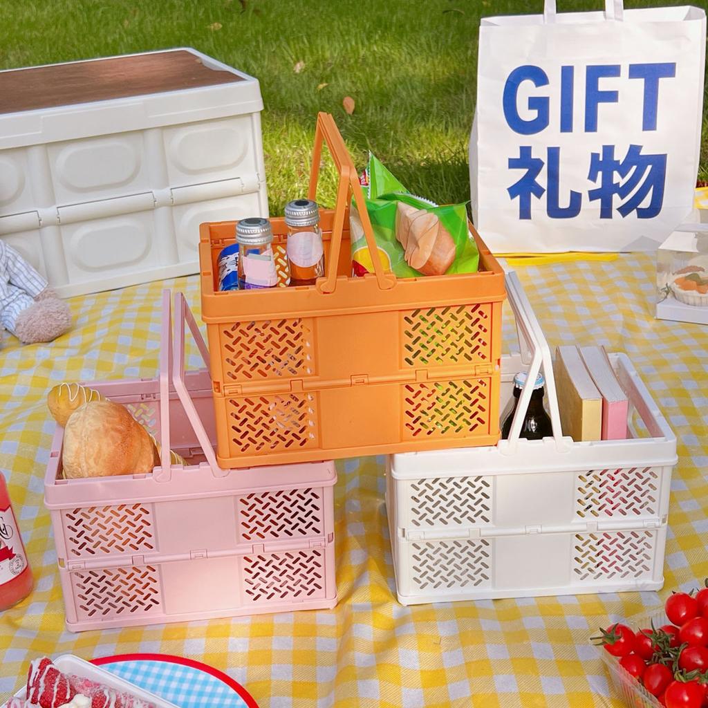 Zusammenklappbarer Picknickkorb, stapelbare Aufbewahrungsbox, Einkaufskorb aus Kunststoff mit Griffen für den Außenbereich