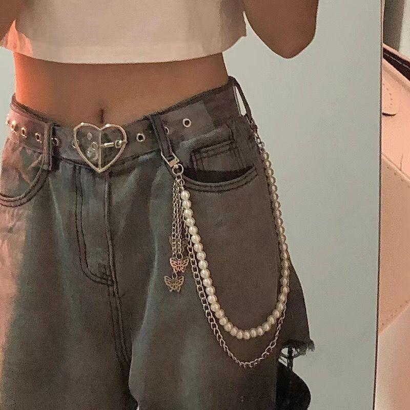 Stylish Transparent Heart Double Row Waist Belt Accessory For Denim Jeans And Outfits With Butterfly Pearl Decoration