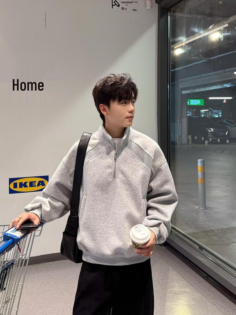 High Street Men's Stand-up Collar Half-Zip Hoodless Pullover Long-Sleeve Hoodie