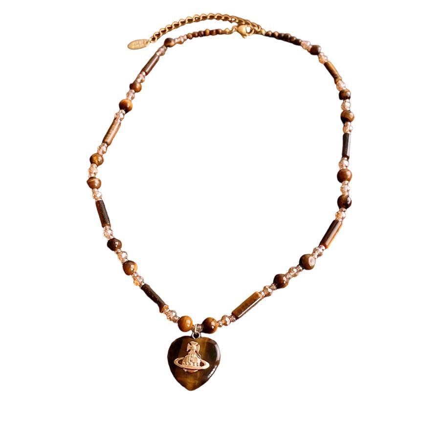 Maillard Wind Tigerauge Stein Perlen Liebesanhänger Halskette Leichter Luxus Premium Pulloverkette Retro Vielseitige Halskette Damen
