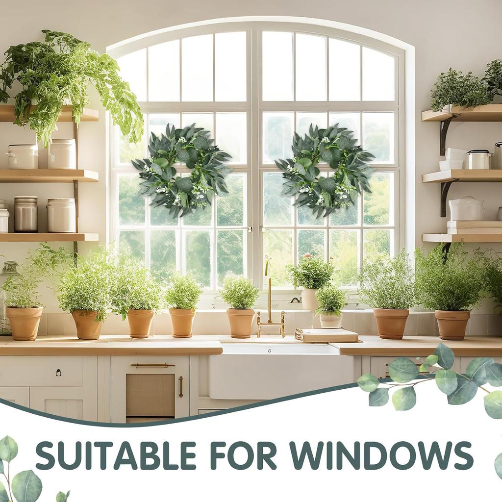 Thinkday 4 Pcs Eucalyptus Candle Ring Small 4 Inch Center Mini Artificial Wreaths Green Floral Leaves Pillar Holder Centerpieces for Wedding Door