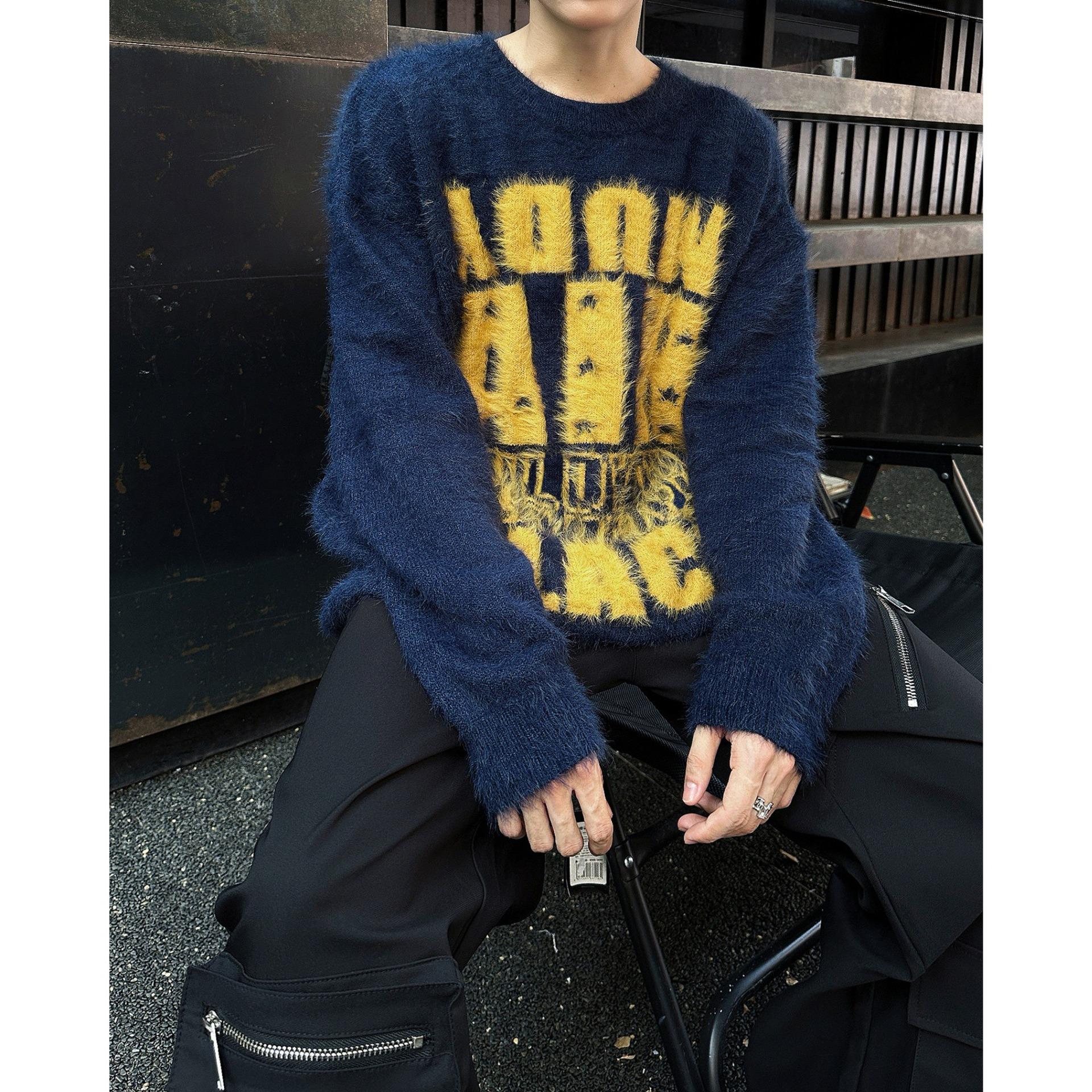 

American Letter Jacquard Knit Sweater - Trendy Autumn Winter Street Style, Unisex Round Neck Large