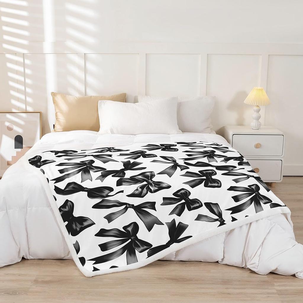 GUOYU Blanket Bowknot Kids Throw Blanket Queen Size Dreamy Princess Style Flannel Blanket Black Bow Knot Cartoon Kawaii Bowknots Bedroom
