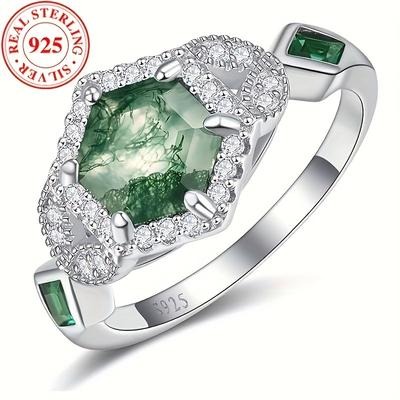 Klassischer 925er Sterlingsilberring für Damen Einzigartiger Naturmoosachat-Kristallring für Mama Geburtstags-Verlobungsgeschenk