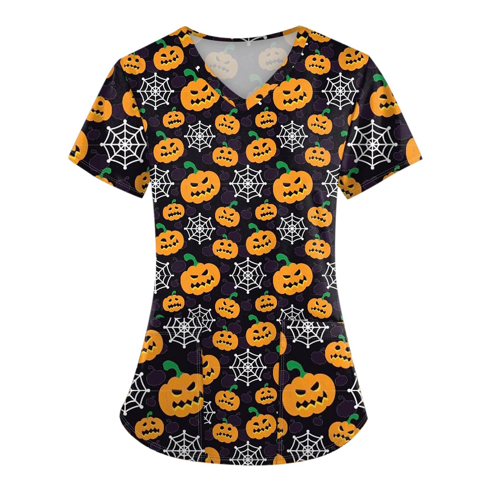 Женская униформа с коротким рукавом и принтом на Хэллоуин с V-образным вырезом и карманом — фото 5