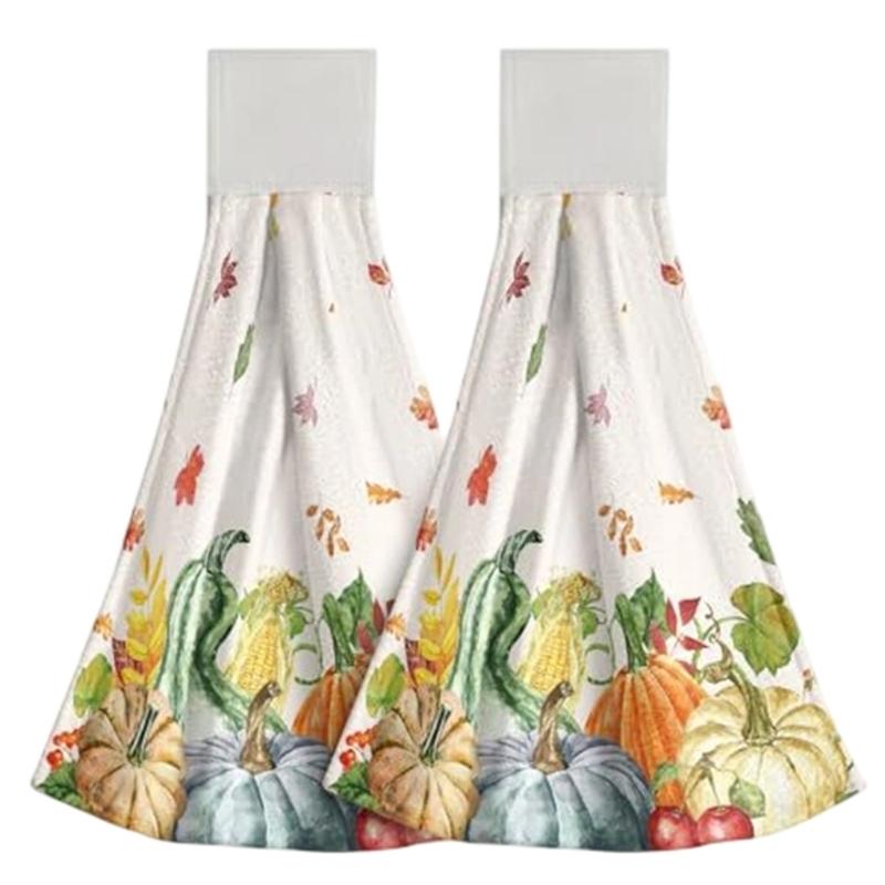 2Pcs Space Saving Hanging Hand Towels Quick Dry Absorbent Leaf Pattern Kitchen Tie Towel Dish Cloth with Hanging Loop