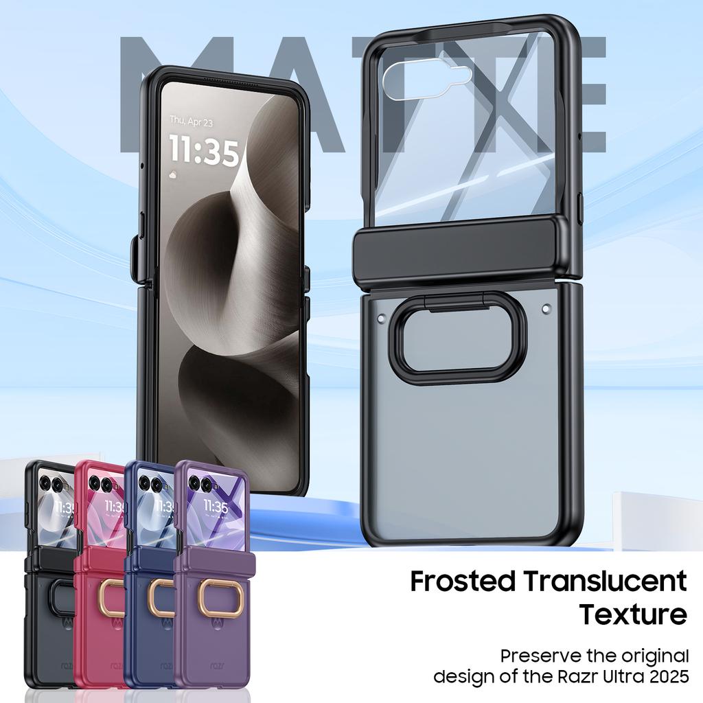 For Motorola Razr Ultra 2025 / Razr Ultra 2026 with Built-in Screen Protector,Ring Holder Hinge Protection Rugged Case Translucent Matte Cover-Black