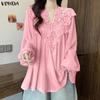 VONDA Summer Women V Neck Crochet Lace Splicing Loose Casual Long Sleeve Blouse
