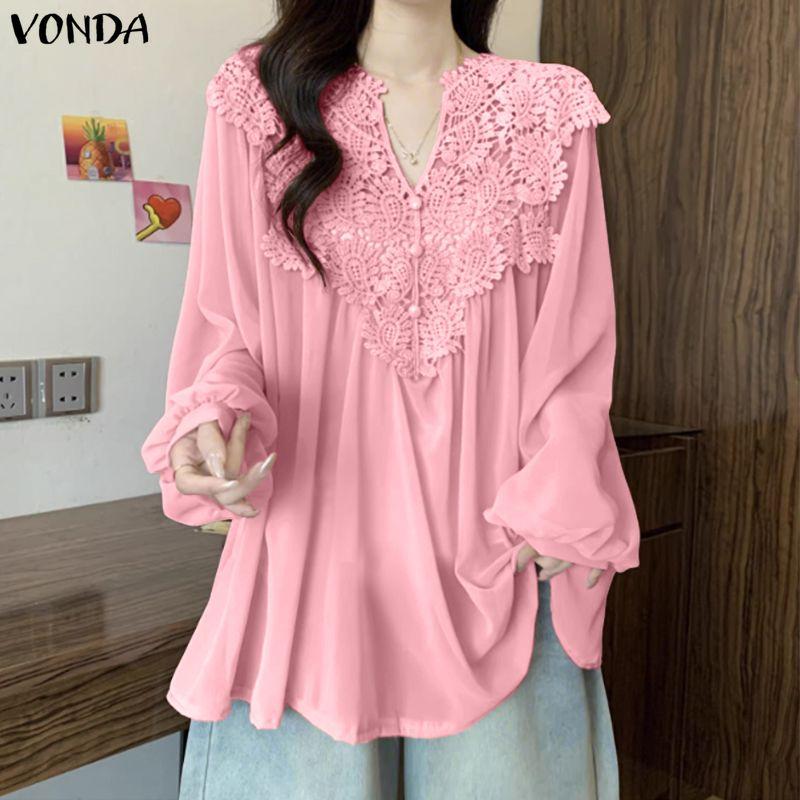 VONDA Summer Women V Neck Crochet Lace Splicing Loose Casual Long Sleeve Blouse
