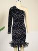 AOMEI Velvet Dresses One Shoulder Sequins Long Sleeve Bodycon High Waist Ruffles Mini Club Evening Cocktail Party Gowns