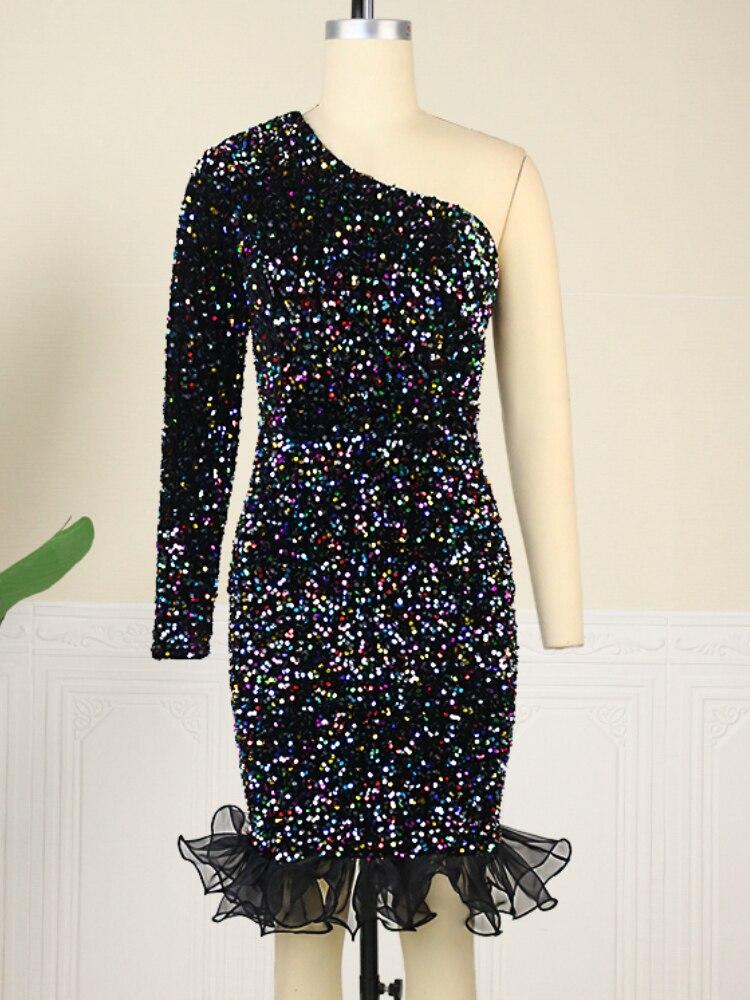 AOMEI Velvet Dresses One Shoulder Sequins Long Sleeve Bodycon High Waist Ruffles Mini Club Evening Cocktail Party Gowns
