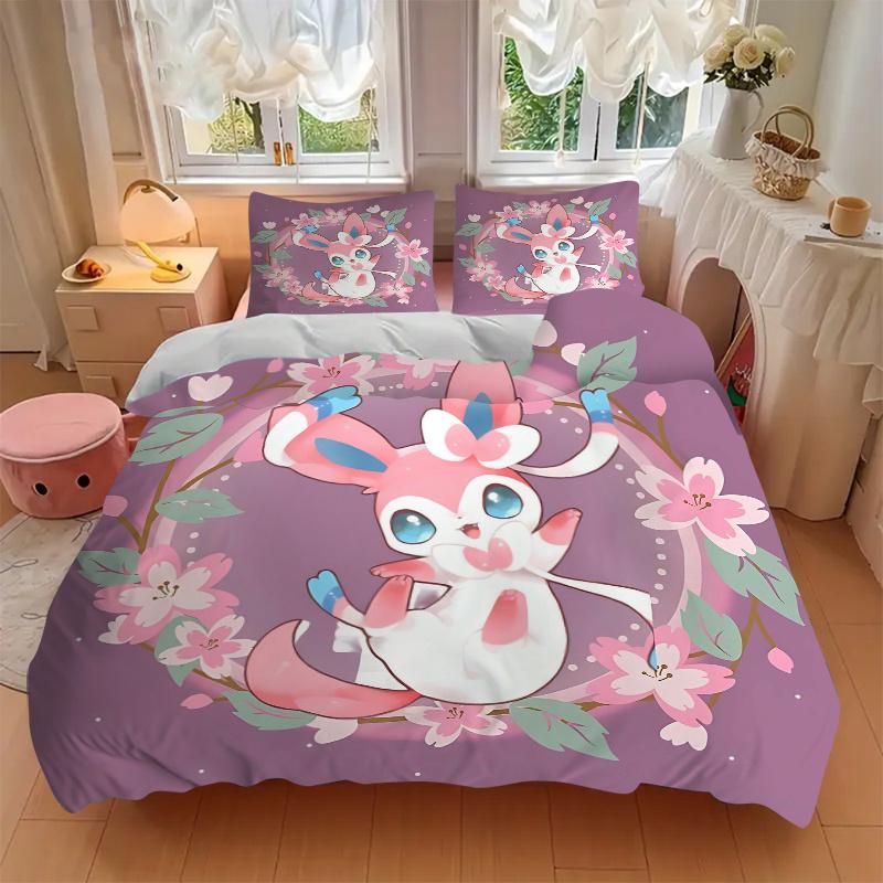 3pcs Sylveon Bedding Set - Includes 1 Quilt Cover and 2 Pillowcases, Comfortable Bedding with Stylish Design for Bedroom, Machine Washable -