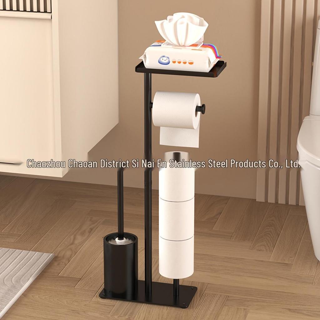 Floor-Standing Bathroom Tissue and Brush Holder with Vertical Storage Rack