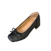 French retro square head bow single shoes women's 2025 autumn new commuting one-pedal thick heel shallow mouth grandma shoes