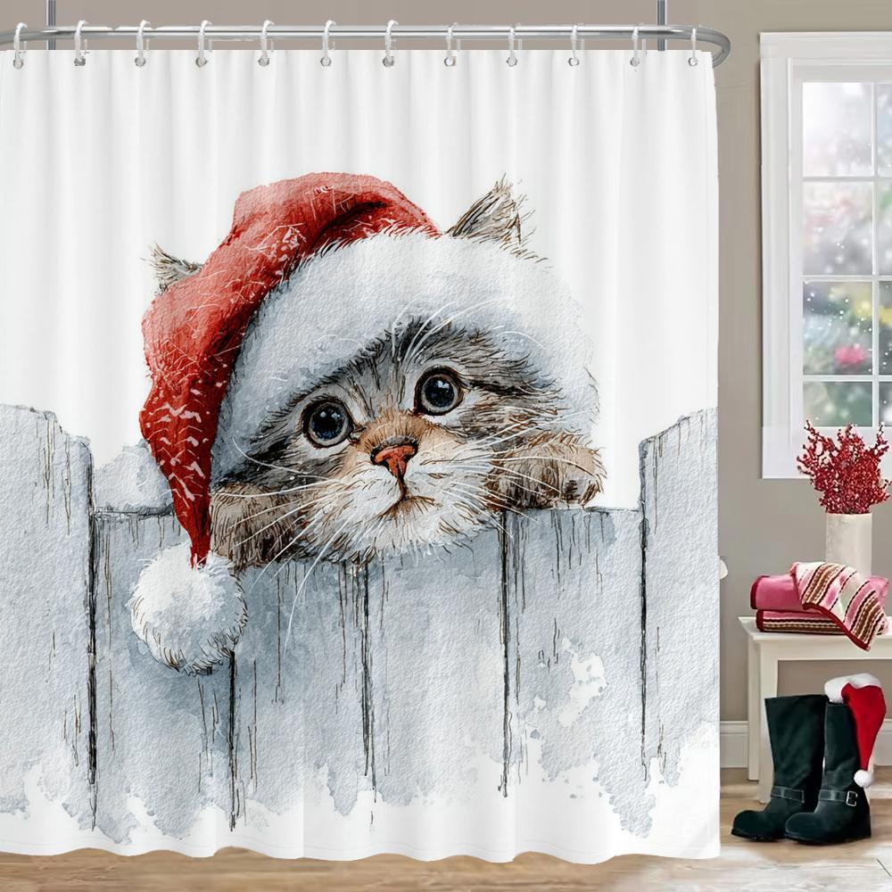 Interesting cat and dog Christmas Shower Curtain, Bathroom Decorative Shower Curtain, Waterproof Shower Curtain with Hooks