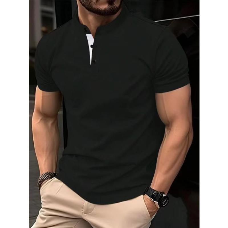 Mens Casual Stand Collar Short Sleeve Henley T Shirt
