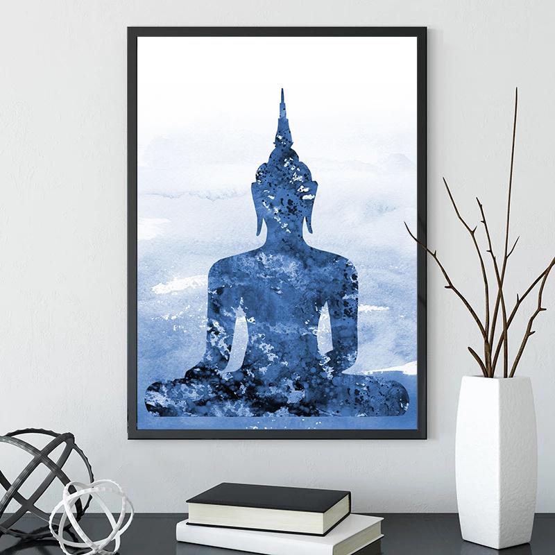 Abstract Buddha Lotus Zen Meditation Yoga Blue Posters and Prints Canvas Painting Wall Art Picture for Living Room Home Decor