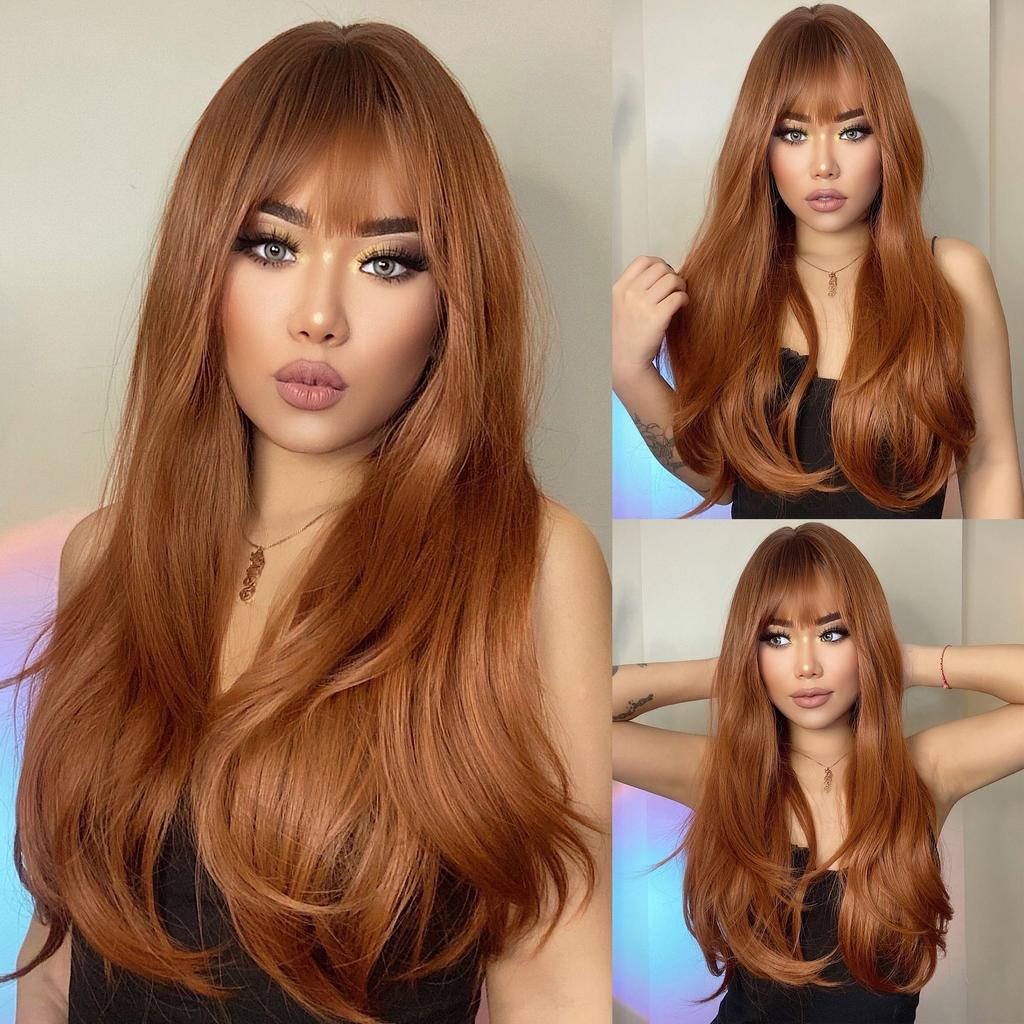 HAIRCUBE Long Straight Blonde Synthetic Wigs With Bangs for Women Daily Cosplay Wigs Heat Resistant Natural Hairline Wigs
