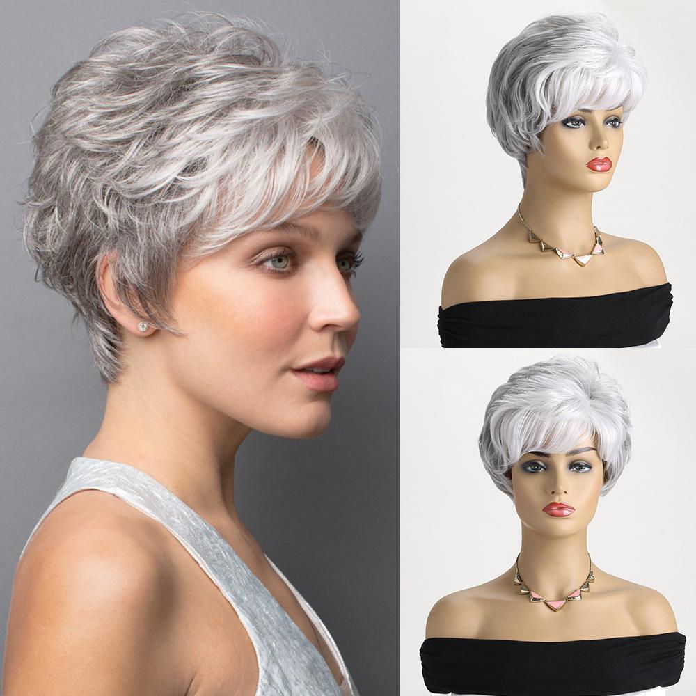 Short Grey Silver Wigs for White Women Natural Layered Pixie Cut Wigs with Bangs Synthetic Short Gray Hair Wig for Older Women