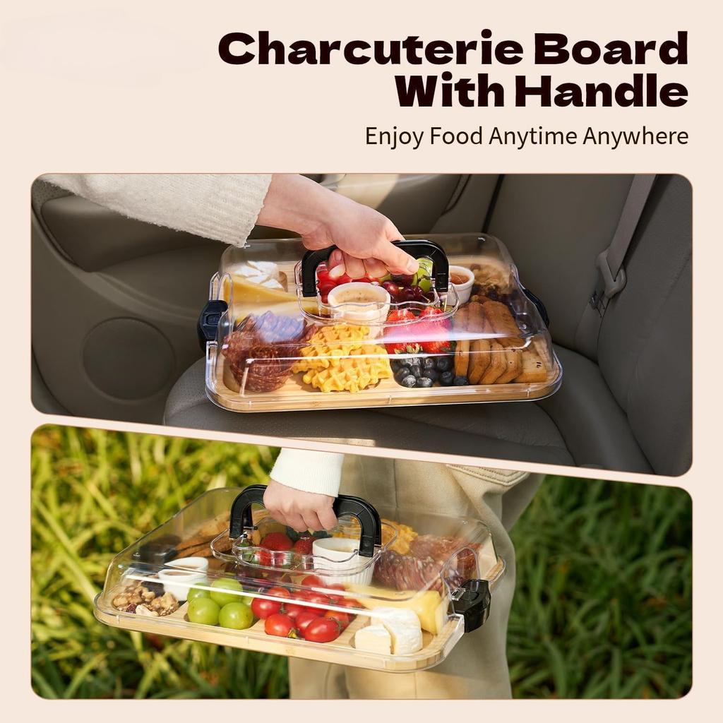 Bamboo Cheese Tray with Transparent Acrylic Lid - Portable Charcuterie Board for Camping Parties Restaurants Snack Serving Tray