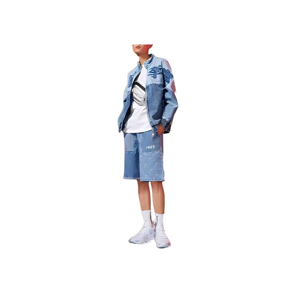 Li-Ning Basketball Series Solid Color Logo Embroidered Elastic Waist Denim Shorts Unisex Bottoms Blue AJSR009-1