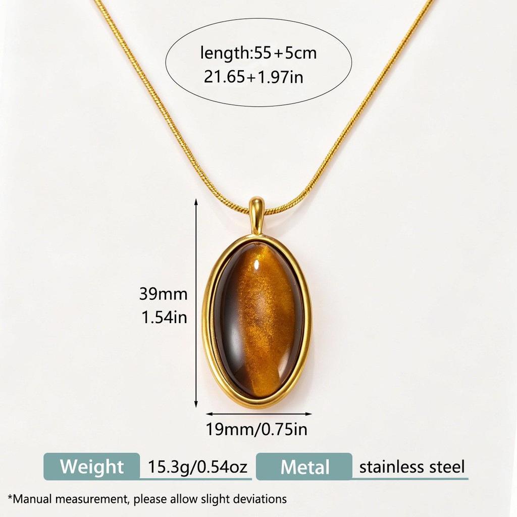 18K Gold Plated Geometric Tiger Eye Stone Necklace - Retro Personality, Colorfast Stainless Steel Sweater Chain
