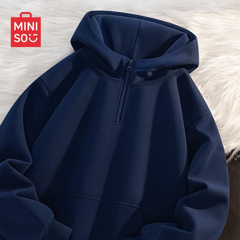 MINISO Men s Fleece-Lined American Retro Half-Zip Hooded Sweatshirt L
