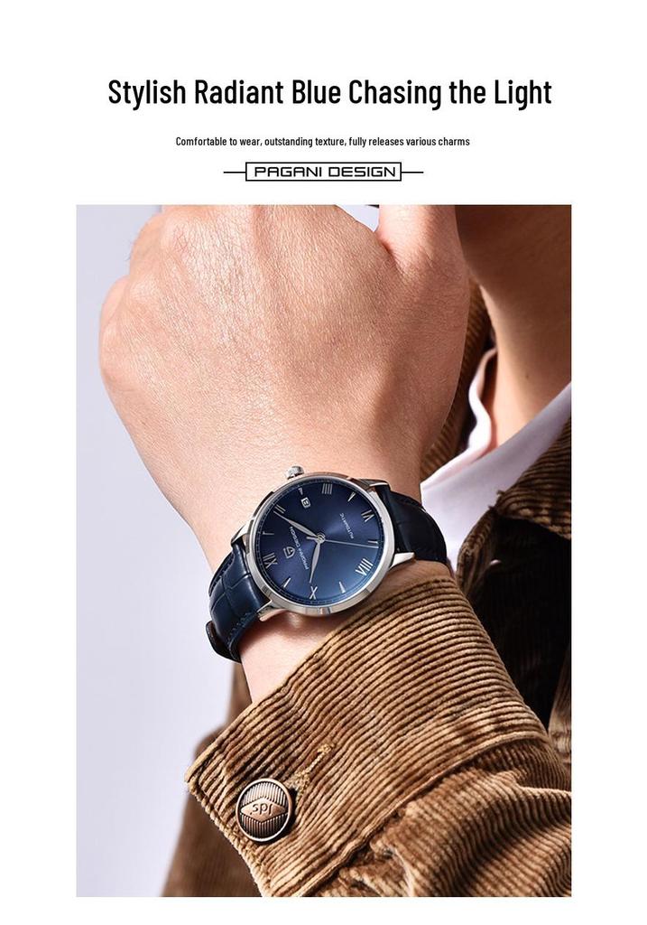 Pagani Design Men's Stainless Steel Automatic Mechanical Watch with Leather Strap, Model 1759, Waterproof.
