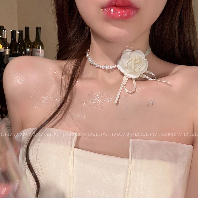 Винтажный чокер-ожерелье с жемчугом и цветком камелии, женский, супер-фееричный темперамент, ремешок, шейный галстук, цветочные аксессуары, оптом