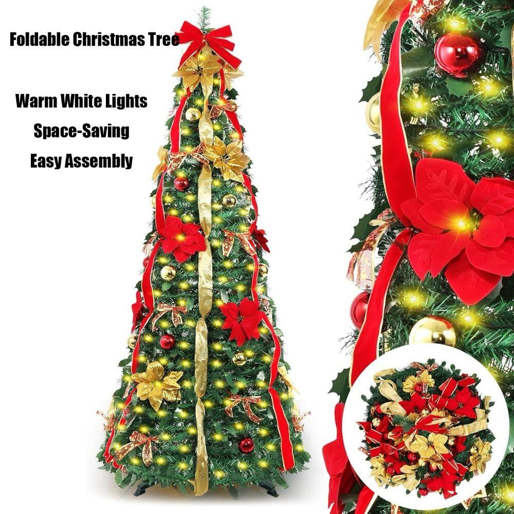 Warm White Lights Folding Christmas Tree Pre-Decorated Collapsible Holiday Tree  Festive Decor