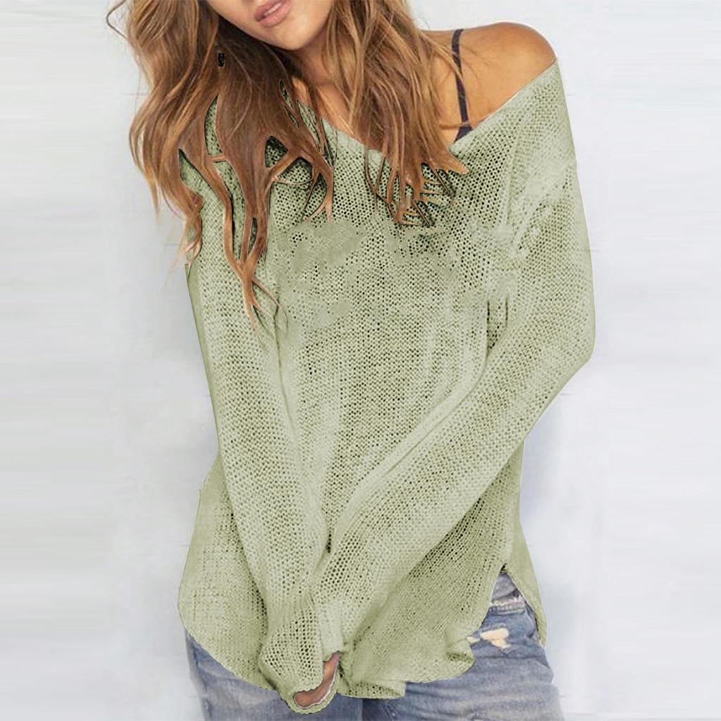 Women V Neck Hollow Out Knit Crochet Sweater Pullover Loose Fit Long Sleeve Lightweight Beach Cover Up Top