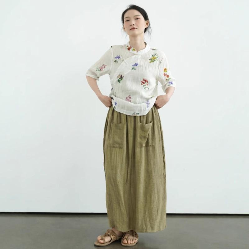 Johnature Women Vintage Print Floral Shirts Tops Stand Seven Sleeve Blouses Summer Button Chinese Style Shirt