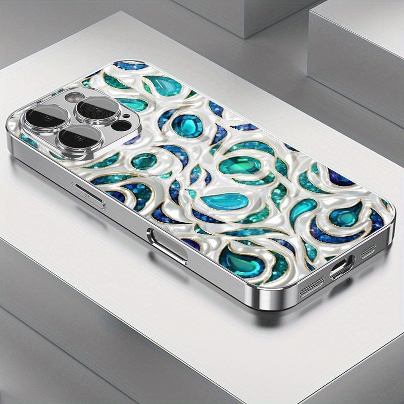 Blue Green Gemstone Tempered Glass Phone Case For iPhone 17 16 15 14 13 12 11 Pro Max 14 Plus 17 Air Electroplate Silver Cover